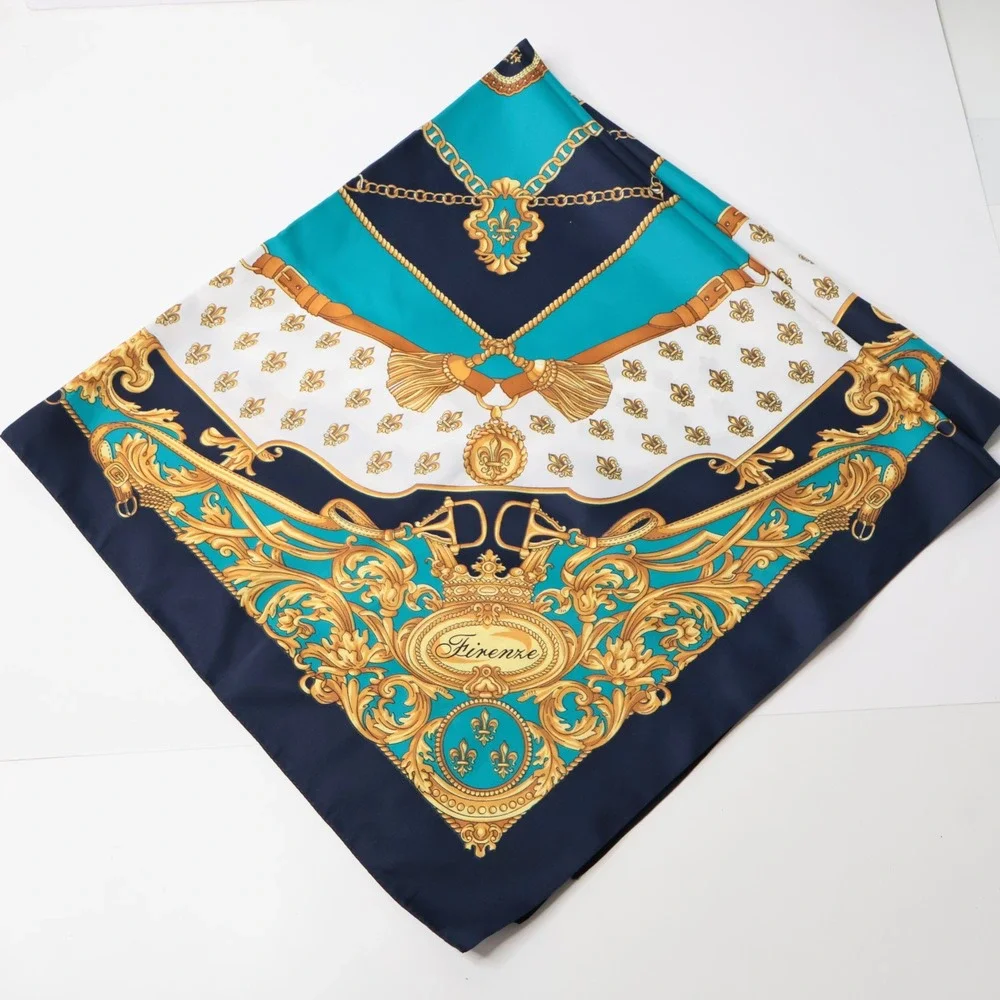 Firenze Italy Scarf‎ Square Baroque Equestrian Fleur de Lis Teal Navy Gold 34x34